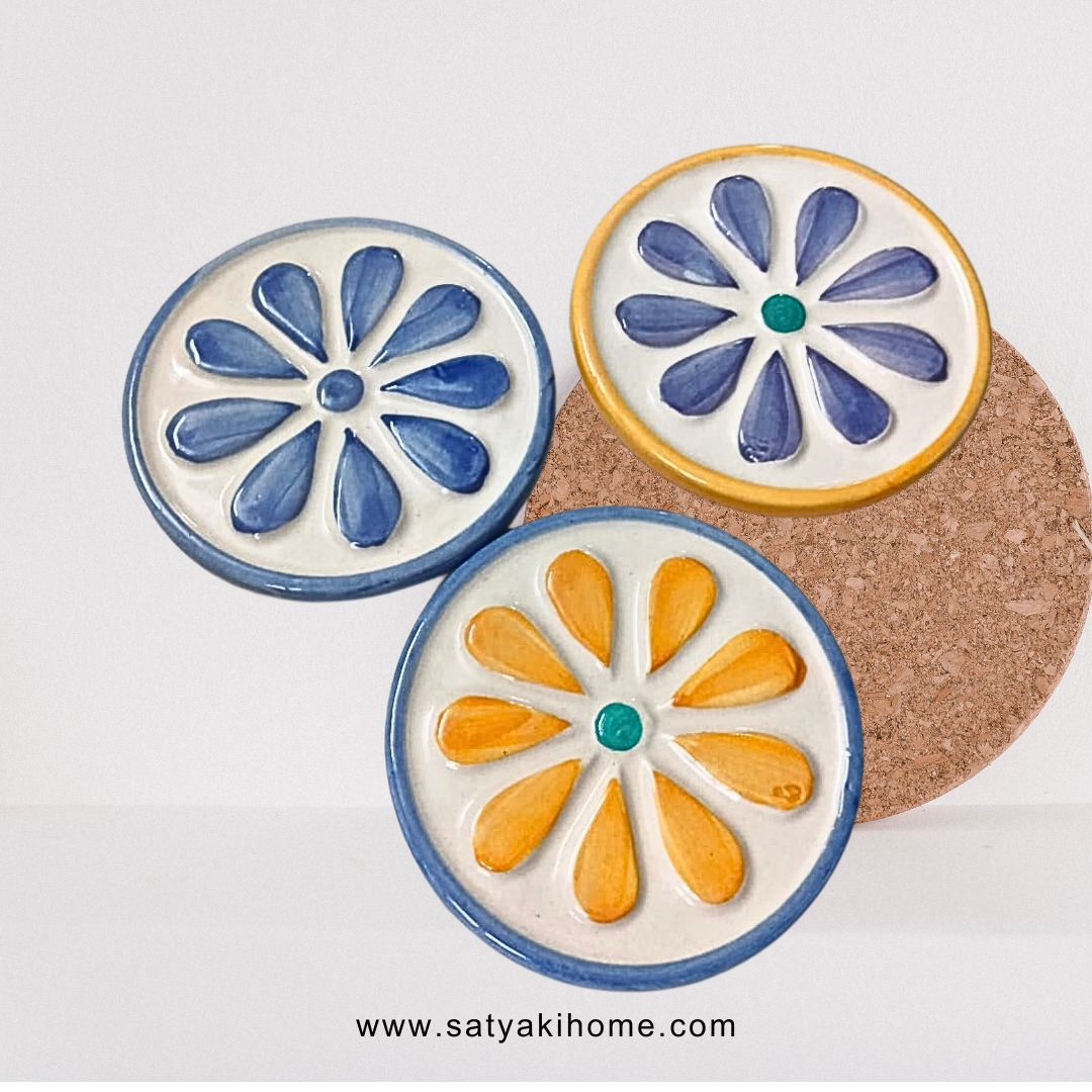 Satyaki Flower Painted Ceramic Coaster Set of 4