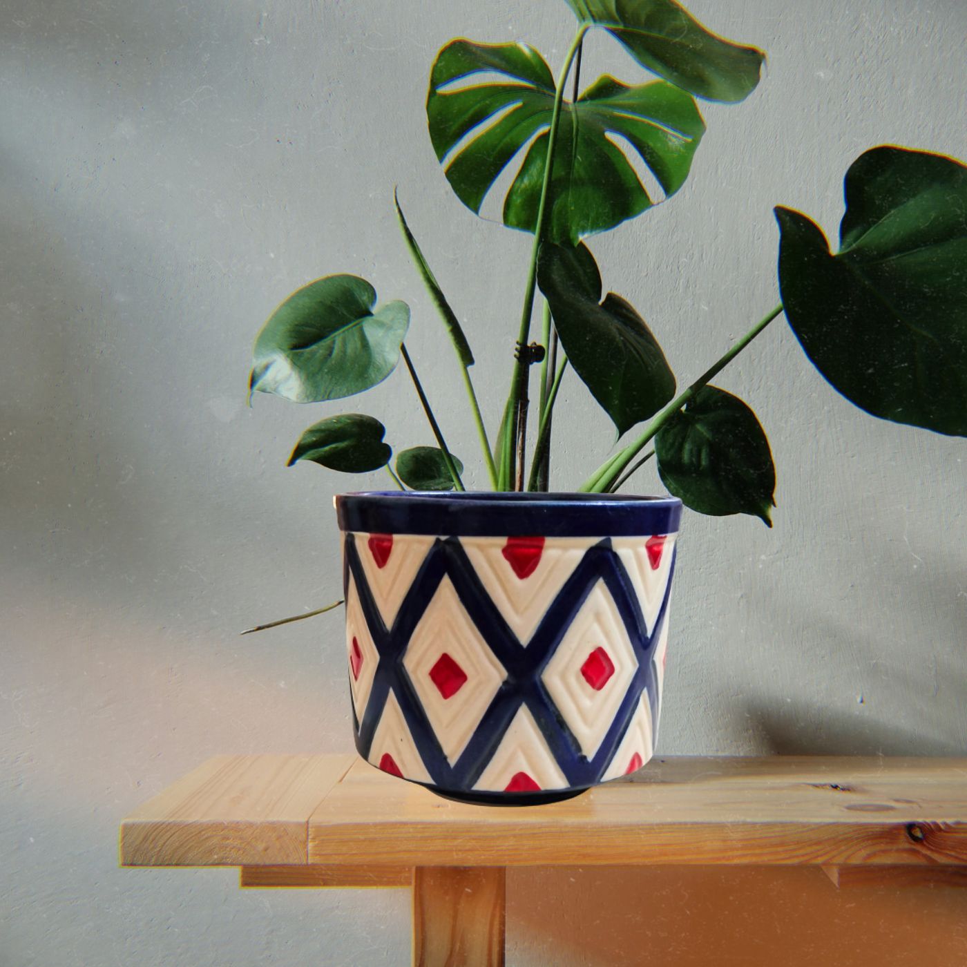 Hand-Painted Navy Blue, White Indoor Planter