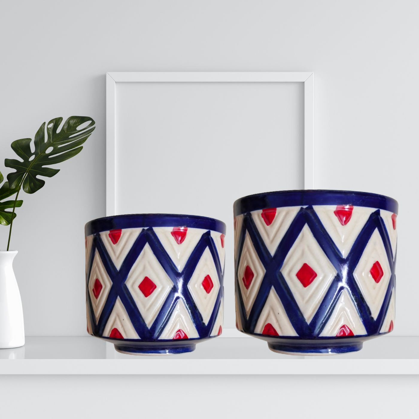 Hand-Painted Navy Blue, White Indoor Planter