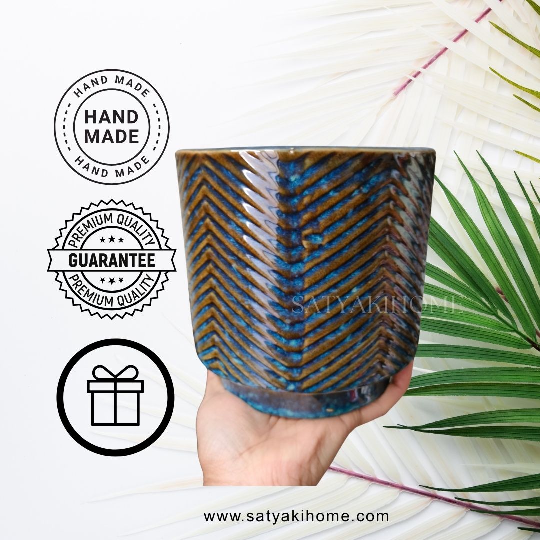 Chevron Blue Ceramic Planter Pot