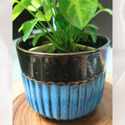 Golden Glazed Deep Blue Ceramic Pot | Planter | 4.5H X 5.5D