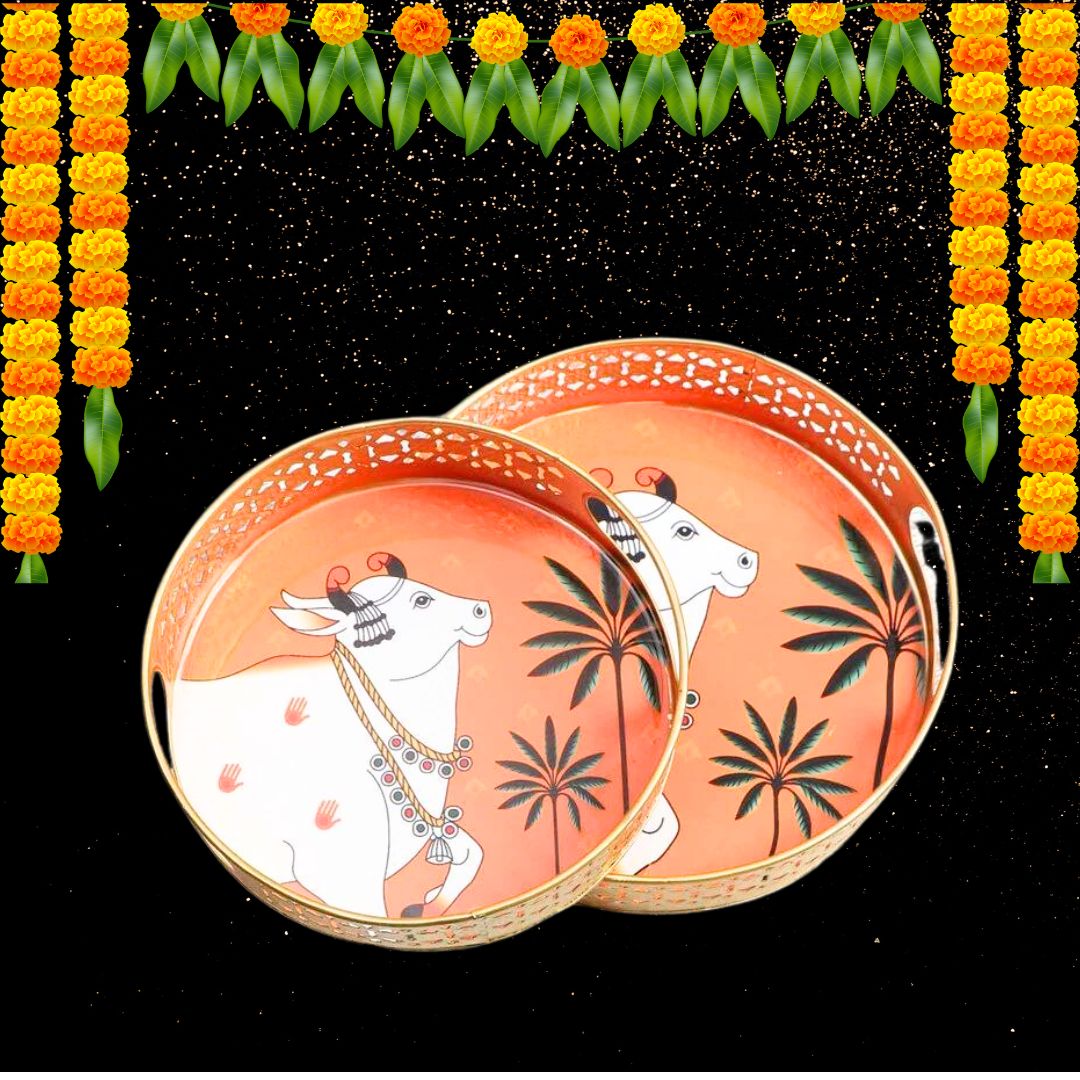 Pichwai Metal Round Tray (Orange) - Set Of Two