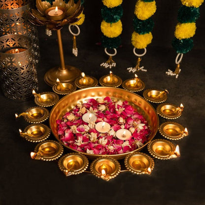 Handmade Golden Metal Urli With Diya