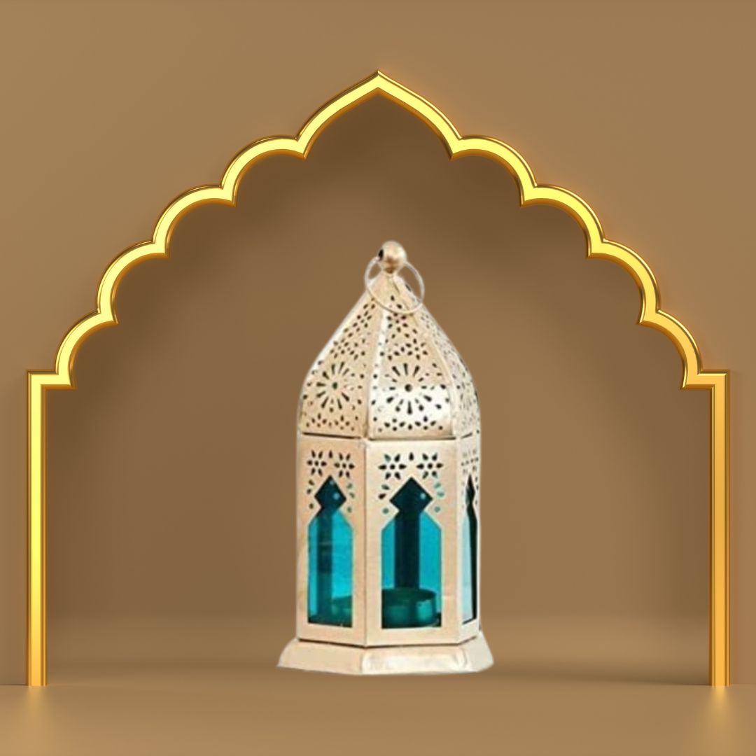 Radiant Moroccan Gold & Blue Lantern Tea Light Holder | Set of 2