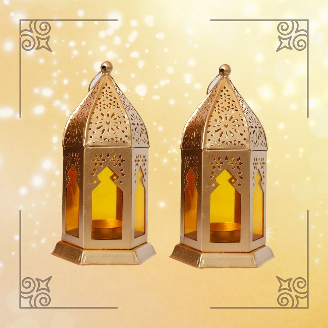 Radiant Moroccan Gold & Yellow Lantern Tea Light Holder | Set of 2