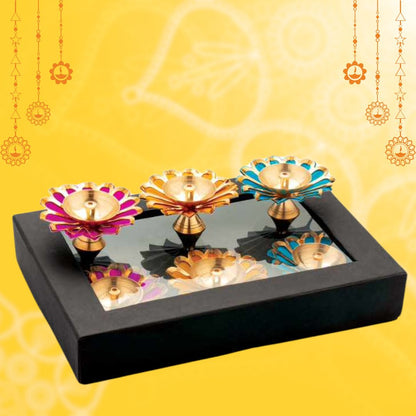 Brass Metal Colorful Lotus Diya | Set of 6 | Gift Pack