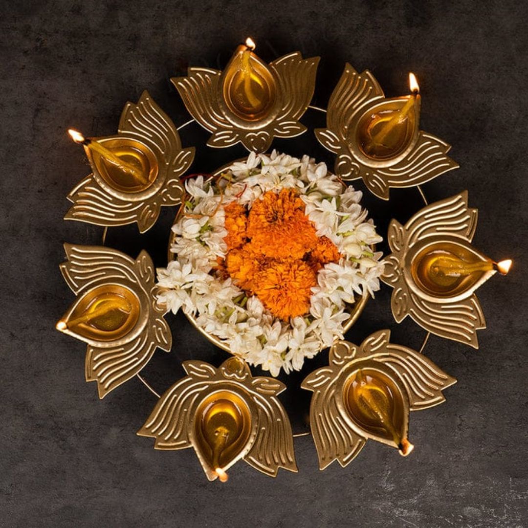 Handmade Golden Metal Urli With Lotus Shape Diya