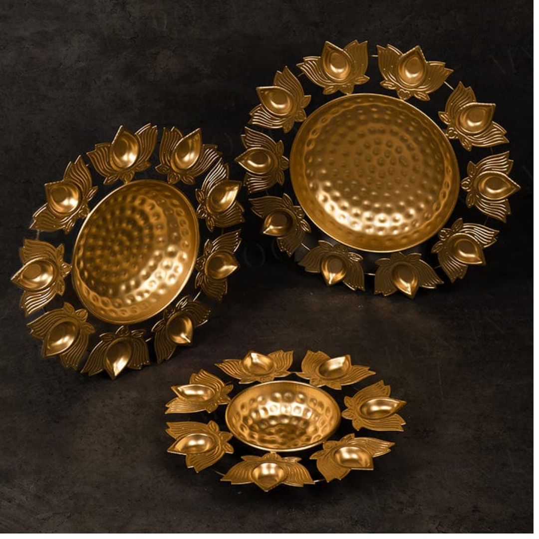 Handmade Golden Metal Urli With Lotus Shape Diya