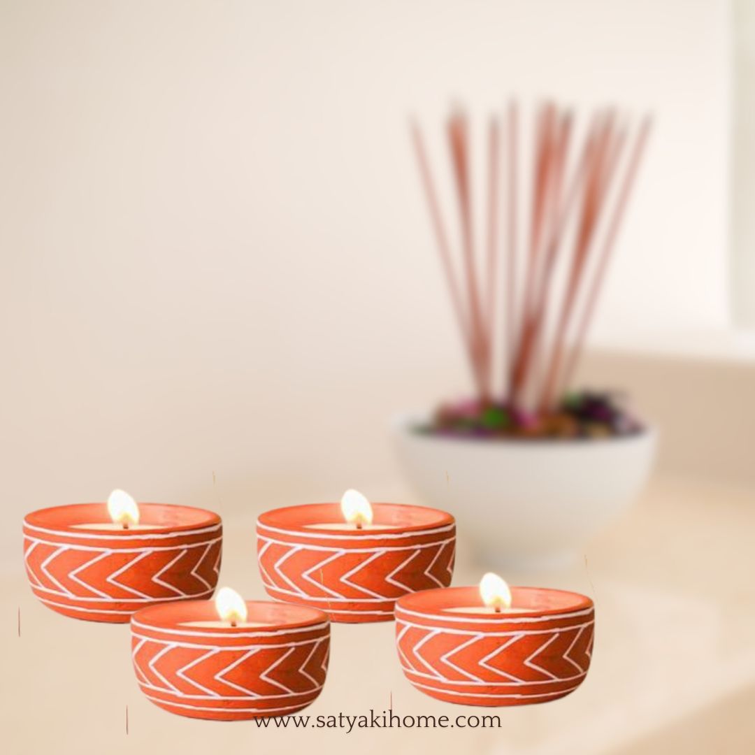 Terracotta Handpainted Tribal Arrow Design Candles |Set Of 4