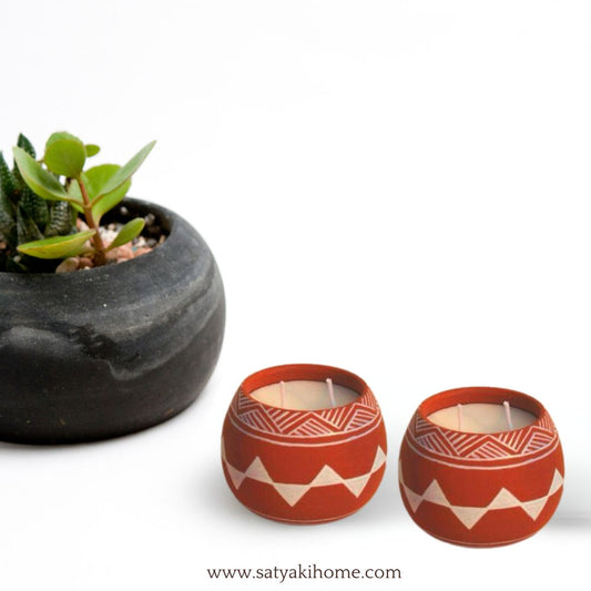 Satyaki Terracotta Handpainted Ball Shape Tribal Design Candle | Set Of 1