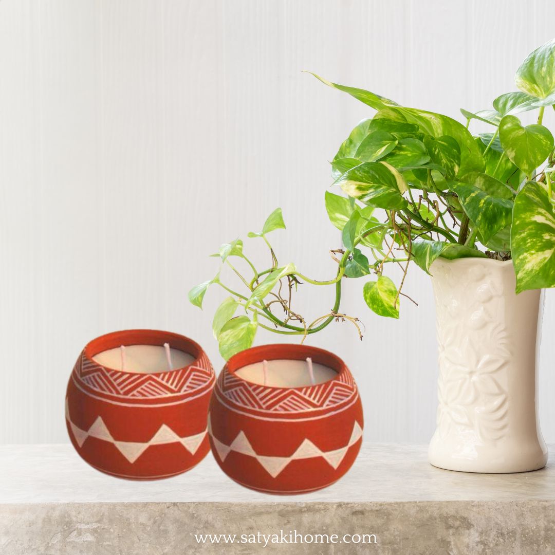 Satyaki Terracotta Handpainted Ball Shape Tribal Design Candle | Set Of 1