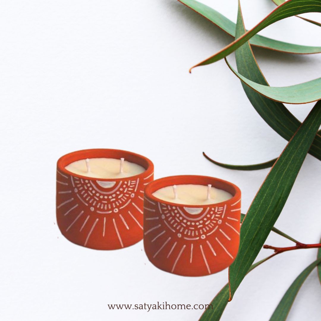 Satyaki Terracotta Handpainted Sunshine Design Candle |Set Of 2