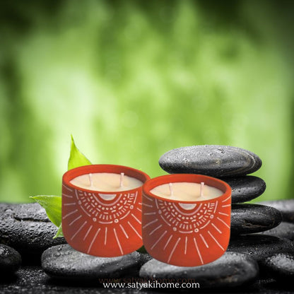 Satyaki Terracotta Handpainted Sunshine Design Candle |Set Of 2