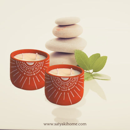 Satyaki Terracotta Handpainted Sunshine Design Candle |Set Of 2