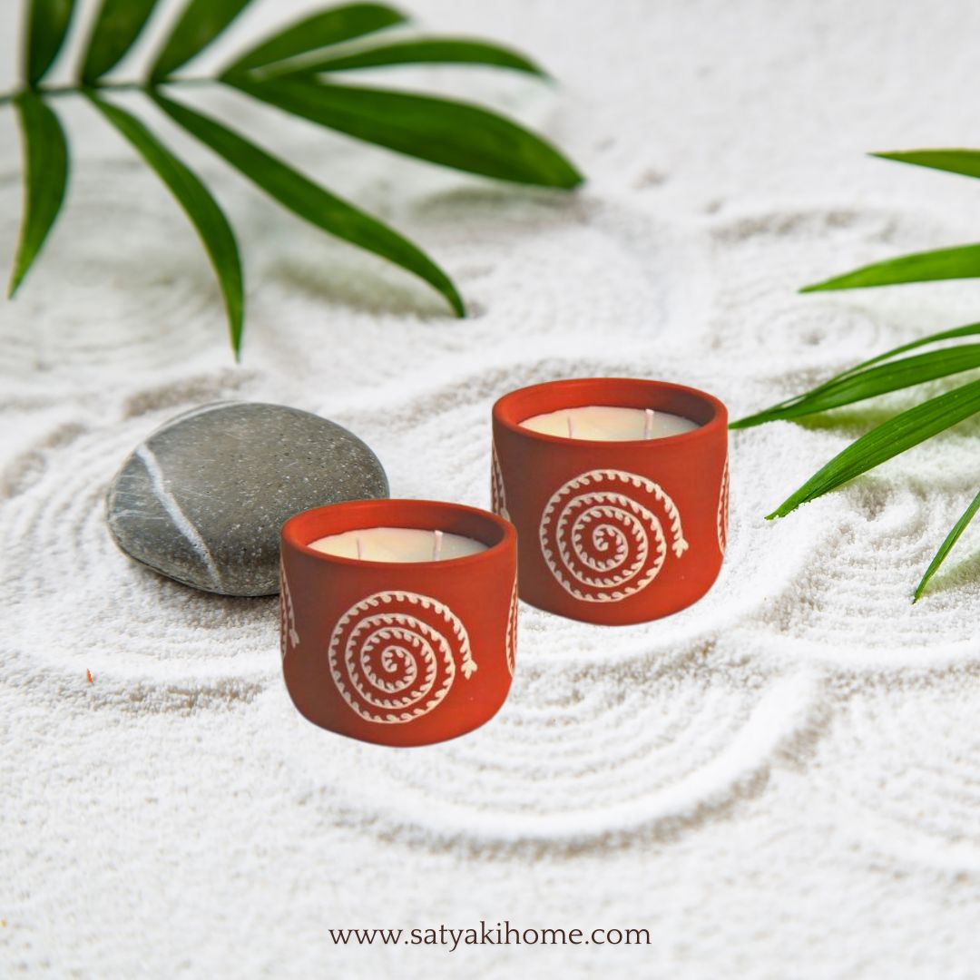 Satyaki Terracotta Handpainted Swirl Magic Design Candle |Set Of 1