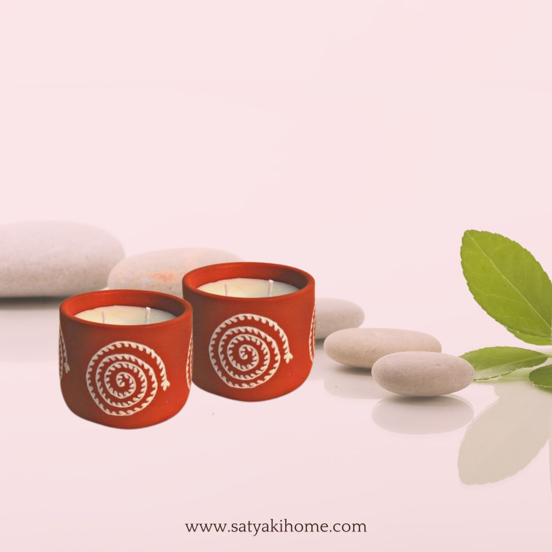 Satyaki Terracotta Handpainted Swirl Magic Design Candle |Set Of 1