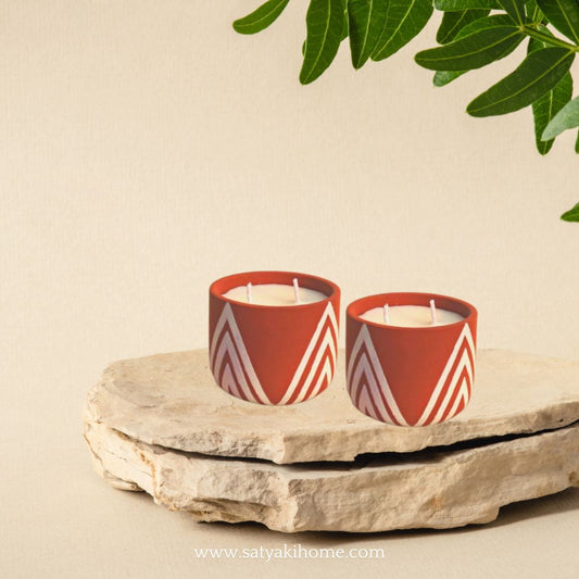 Satyaki Terracotta Handpainted Wave Magic Design Candle |Set Of 1