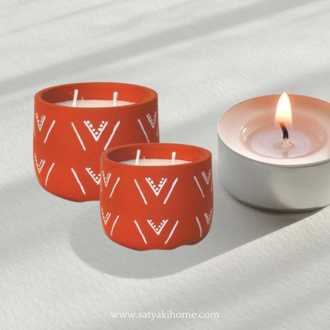 Satyaki Terracotta Handpainted Wave V Design Candle |Set Of 1