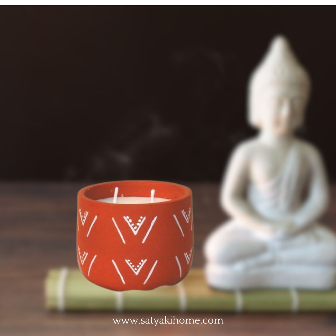 Satyaki Terracotta Handpainted Wave V Design Candle |Set Of 1