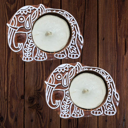 Two Elephant Handcrafted Wooden Diyas | Tea light holders | Set of 2