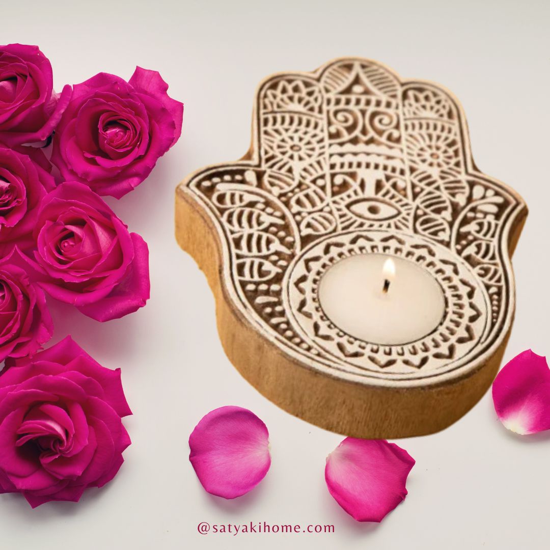 Handcrafted T-Light Wooden Candle Holders | Hamsa Design