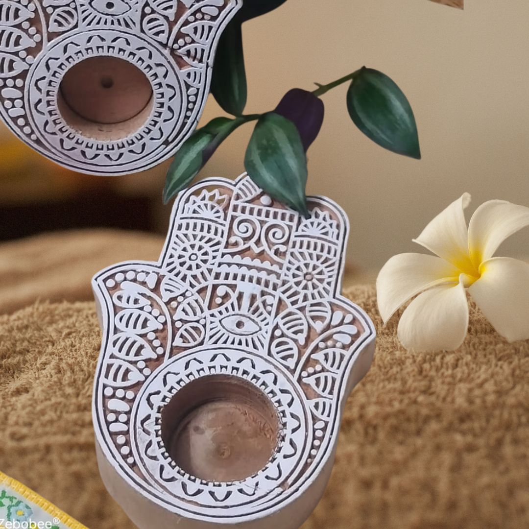 Handcrafted T-Light Wooden Candle Holders | Hamsa Design