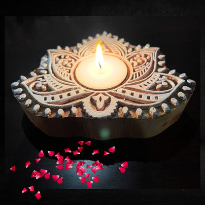 Enchanting Lotus | Handcrafted Wooden Diya | Tea Light Holders | Set of 2