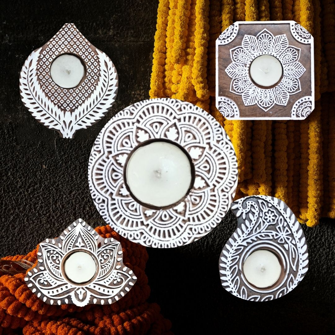 Handcrafted Wooden Diyas | Tea light holders | Set of 5