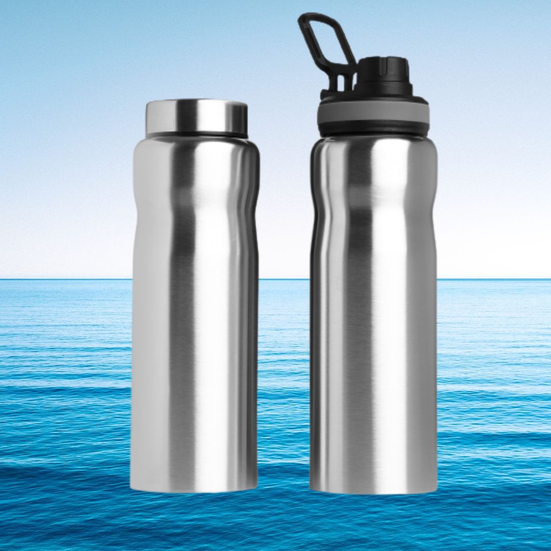 Sporty Stainless Steel Water Bottle | 1000 ml | Silver | Set of 2