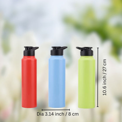 Stainless Steel 1 Ltr Water Bottle with Sipper Cap | Set of 3 (Green, Blue and Red)