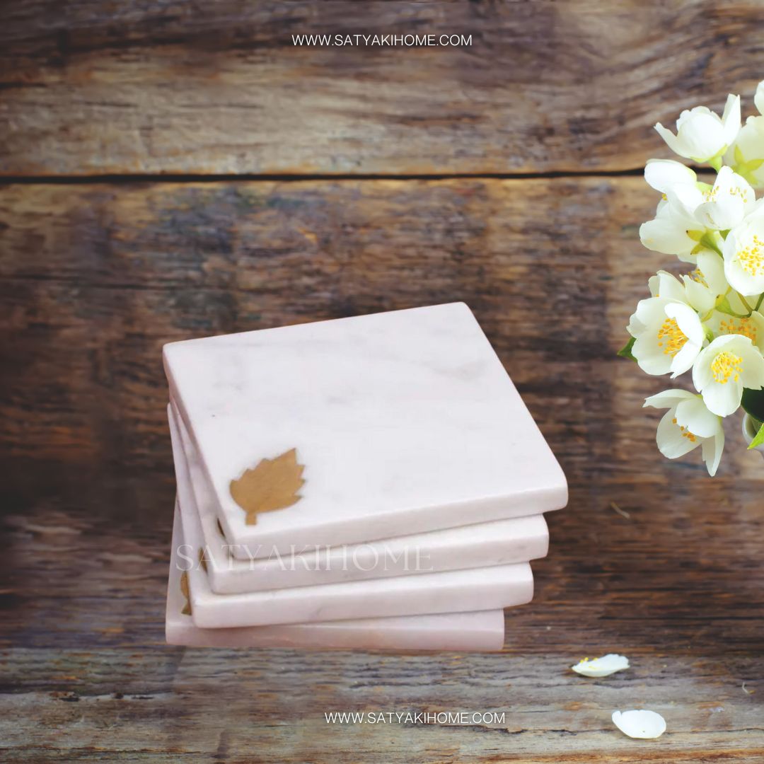 Satyaki Leaf Marble & Brass Inlay Coaster Set