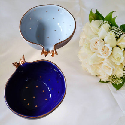 Azure Blue & Modest Grey Pomegranate Halves Bowl | Set of 2 | Perfect Gift | Gold Plated