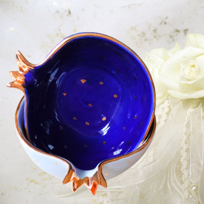 Azure Blue & Modest Grey Pomegranate Halves Bowl | Set of 2 | Perfect Gift | Gold Plated