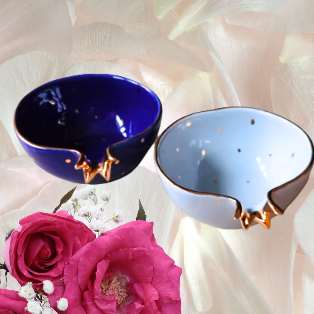 Azure Blue & Modest Grey Pomegranate Halves Bowl | Set of 2 | Perfect Gift | Gold Plated