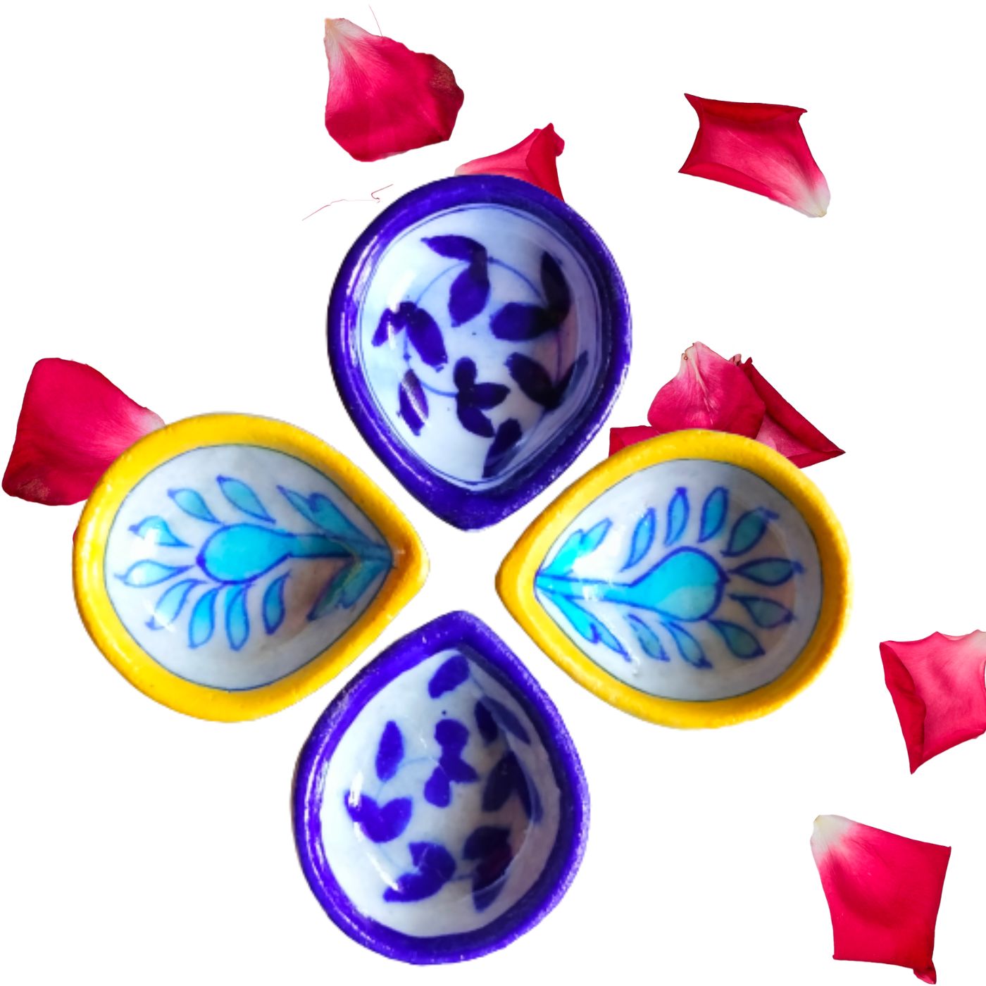 Blue Pottery Diyas in Multi Color Designs- Set Of 4