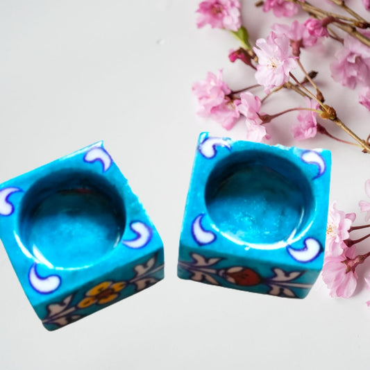 Blue Pottery Turquoise T-Light Candle Holder- Set Of 2