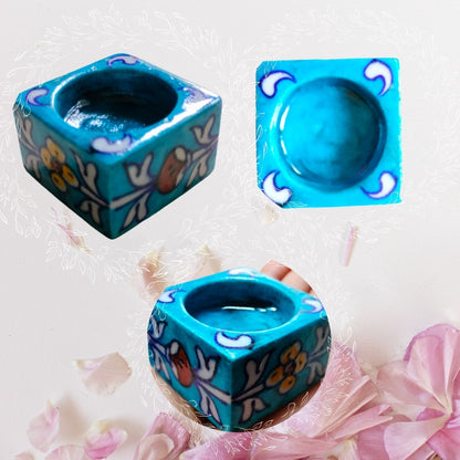 Blue Pottery Turquoise T-Light Candle Holder- Set Of 2