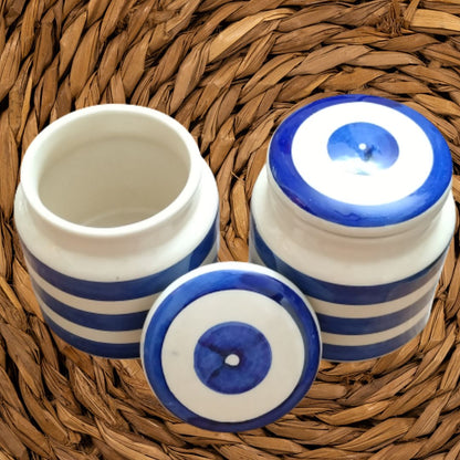 Hand Painted Blue Stripe Air Tight Jar - Set of 2 l Vacuum Sealed Jars l Kitchen Canisters