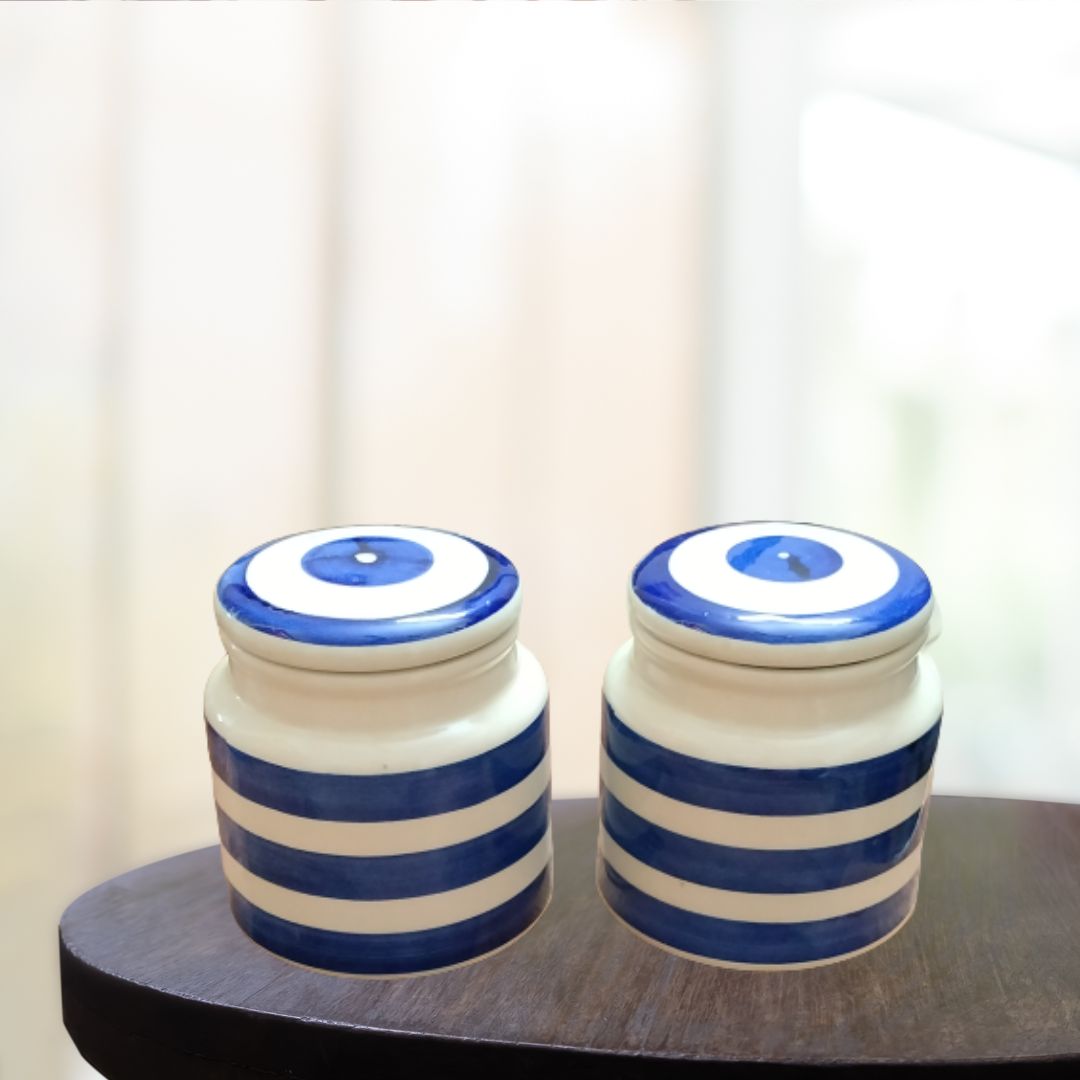 Hand Painted Blue Stripe Air Tight Jar - Set of 2 l Vacuum Sealed Jars l Kitchen Canisters