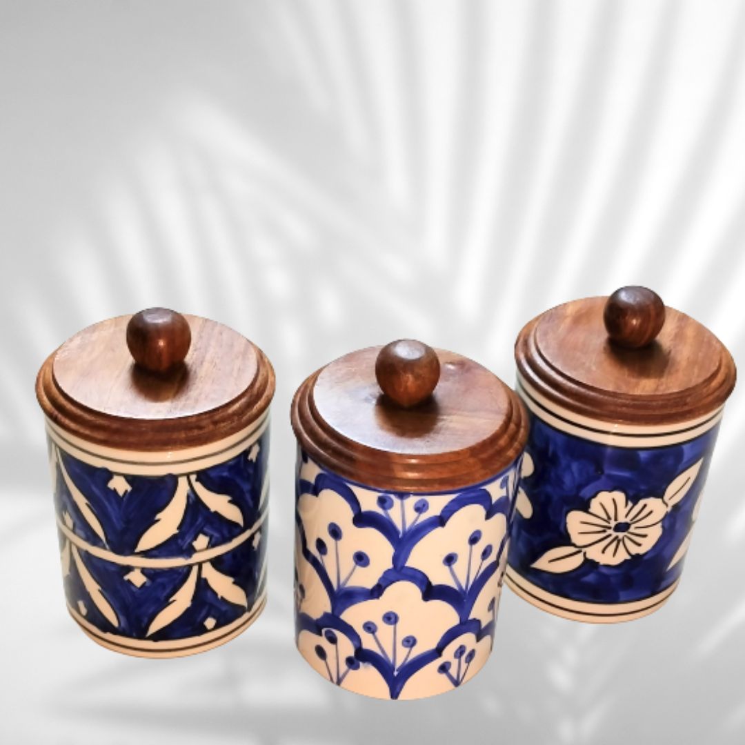 Set of 3 Floral Print Ceramic Jars with Lids Storage Jar with wooden lid | Airtight Jars