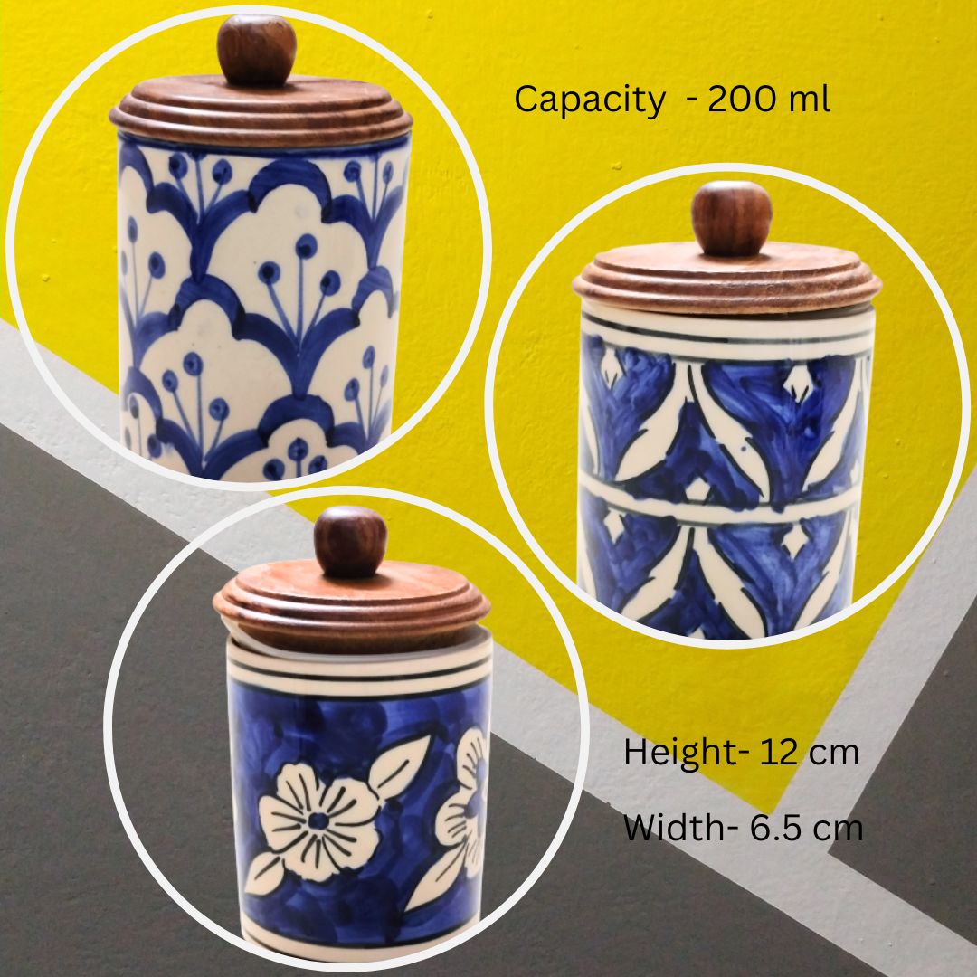 Set of 3 Floral Print Ceramic Jars with Lids Storage Jar with wooden lid | Airtight Jars