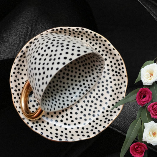 Studio Pottery White & Black Polka Dot Real Gold Plated Tea Mug & Saucer Set