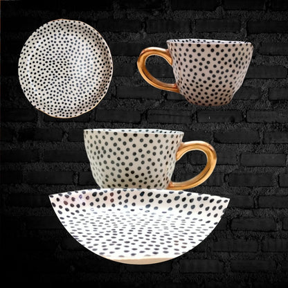 Studio Pottery White & Black Polka Dot Real Gold Plated Tea Mug & Saucer Set