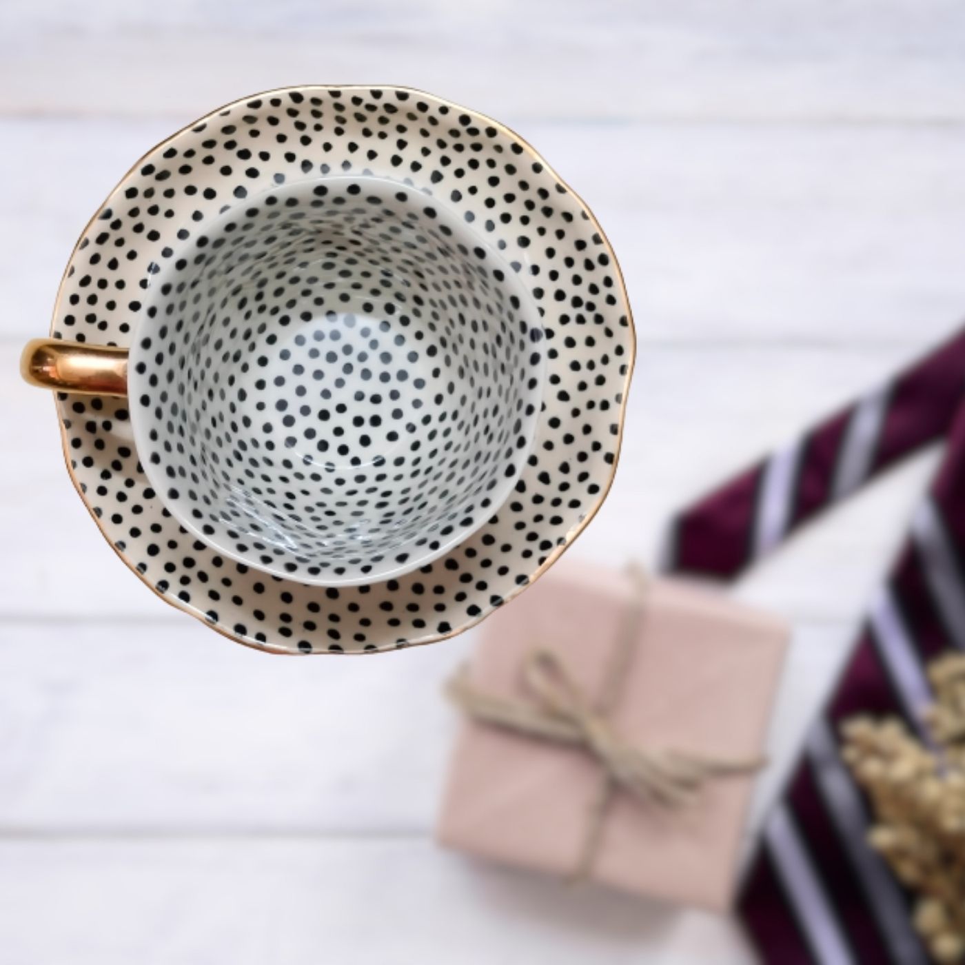 Studio Pottery White & Black Polka Dot Real Gold Plated Tea Mug & Saucer Set