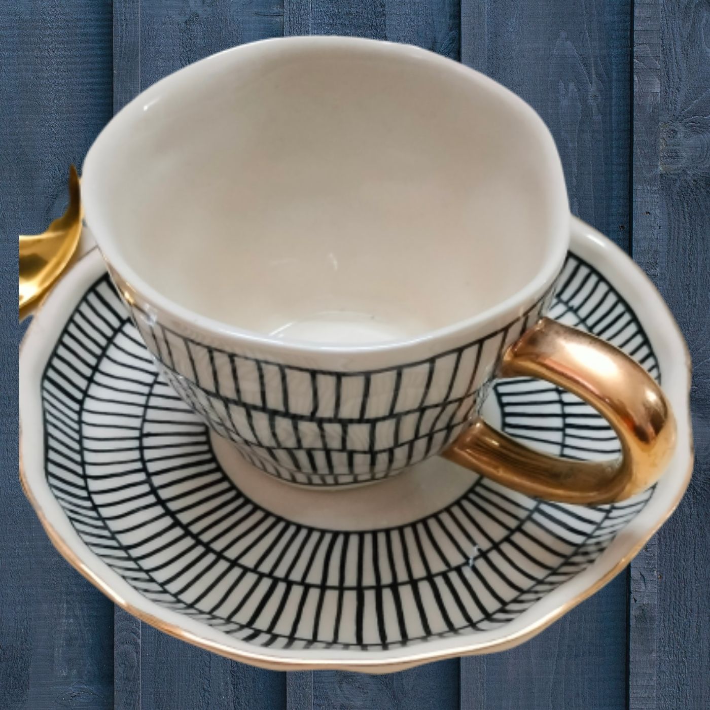 Studio Pottery White & Black Stripe Real Gold Plated Tea Mug & Saucer Set