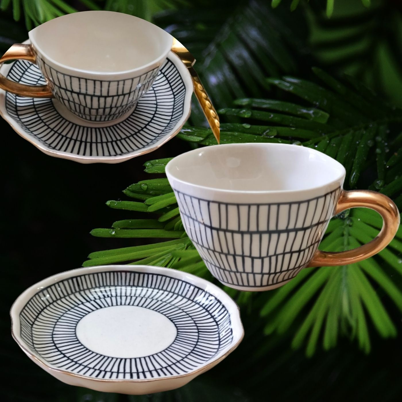 Studio Pottery White & Black Stripe Real Gold Plated Tea Mug & Saucer Set