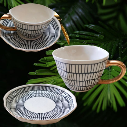 Studio Pottery White & Black Stripe Real Gold Plated Tea Mug & Saucer Set