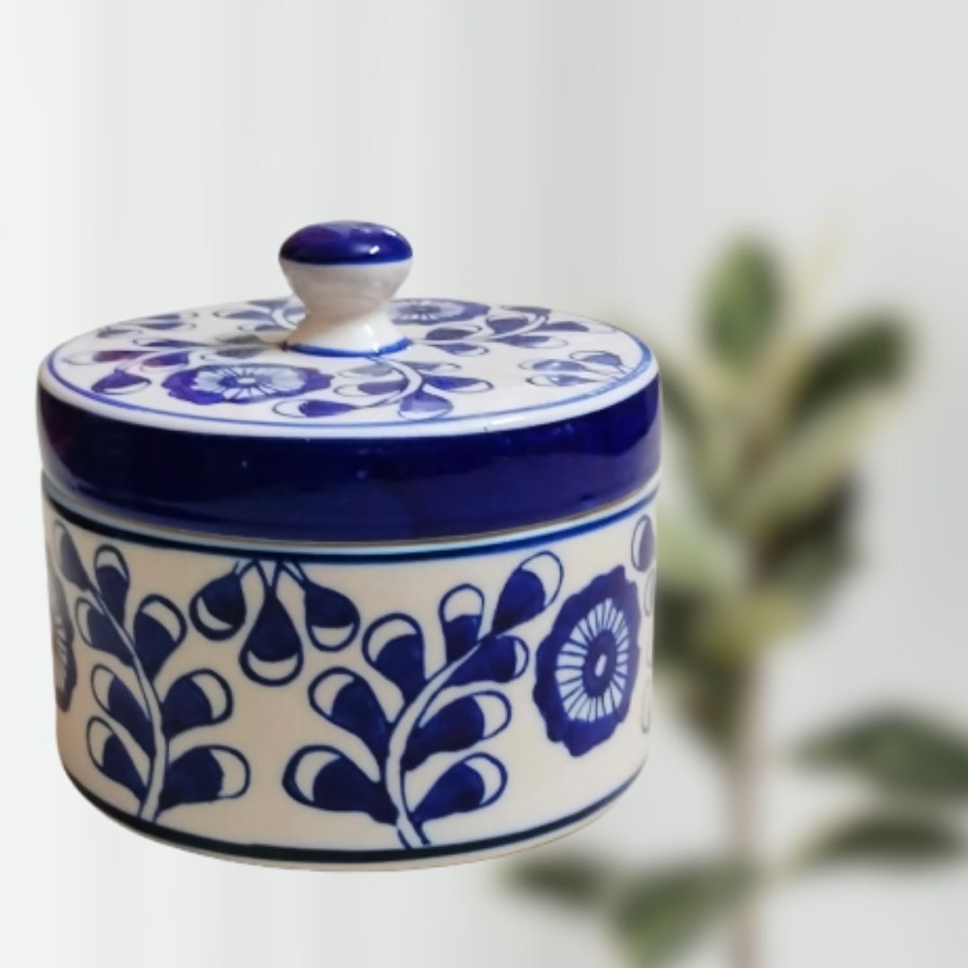 Classy Floral Design White & Blue Hand-Painted Jar | 500 ml