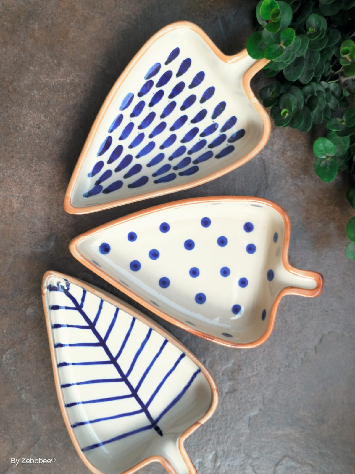 Ceramic Hand-Painted Leaf Shape Blue Polka Dot Dessert | Snack Plate