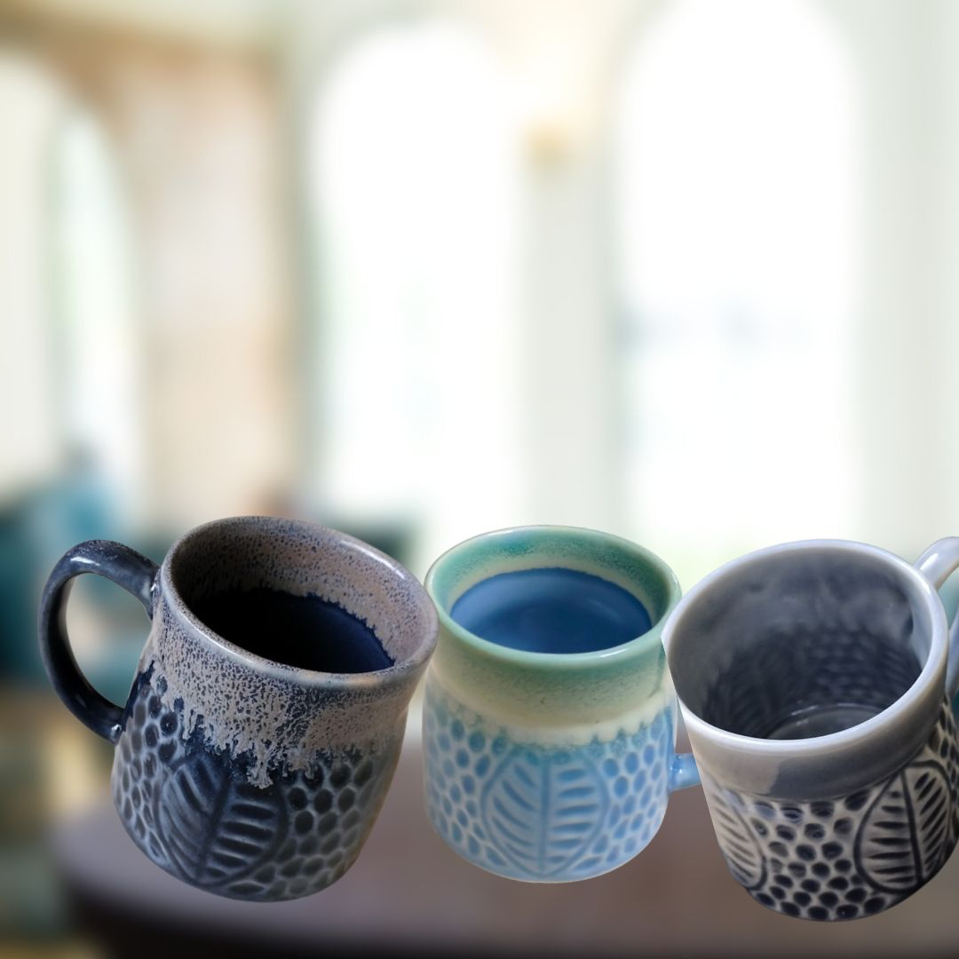 Combo of Pastel Blue, Grey & Deep Blue Leafy Handcrafted Mug | Set of 3 Mugs